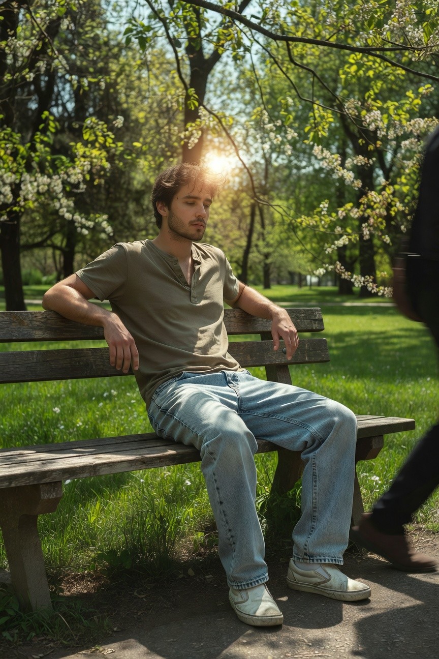 Man in light wash baggy jeans, sage green short-sleeve henley shirt with button placket, and white slip-on sneakers, seated casually on wooden bench