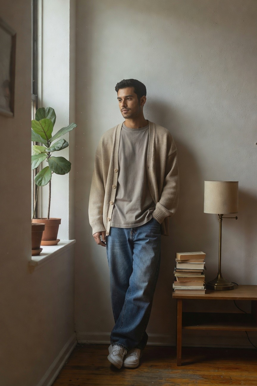 A man stands casually in an open beige knit cardigan over a gray t-shirt, paired with loose blue baggy jeans and white sneakers, leaning against a wall in a minimalist indoor setting