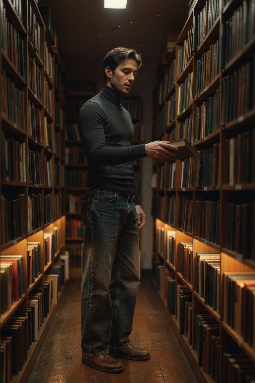 Man in black turtleneck sweater, dark baggy jeans, and brown leather boots standing in a book-lined aisle, holding an open book