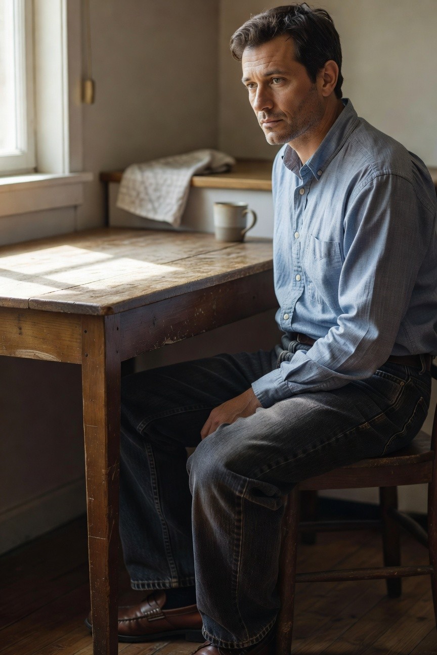 Man in his 40s with short dark hair sitting sideways in a light blue chambray button-down shirt tucked into dark baggy straight-leg jeans with brown loafers visible at ankles