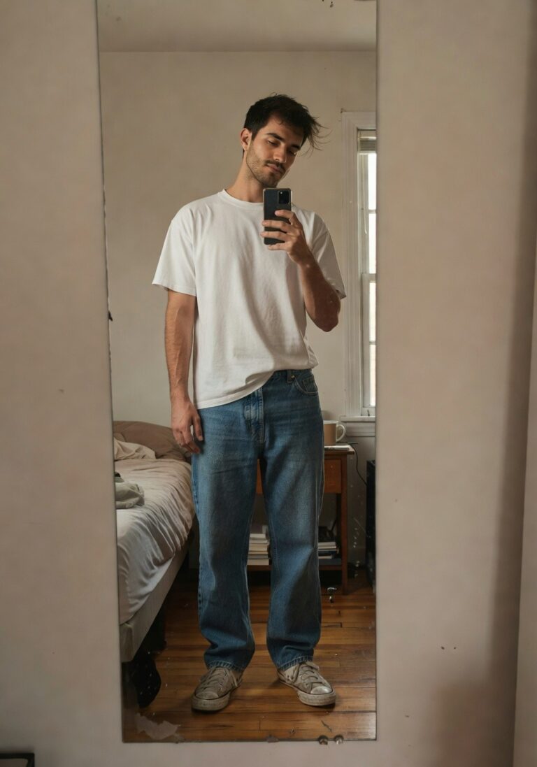 Man taking a mirror selfie in a bedroom, wearing an oversized white short-sleeve t-shirt, baggy mid-blue jeans, and white low-top sneakers, with tousled hair and subtle stubble