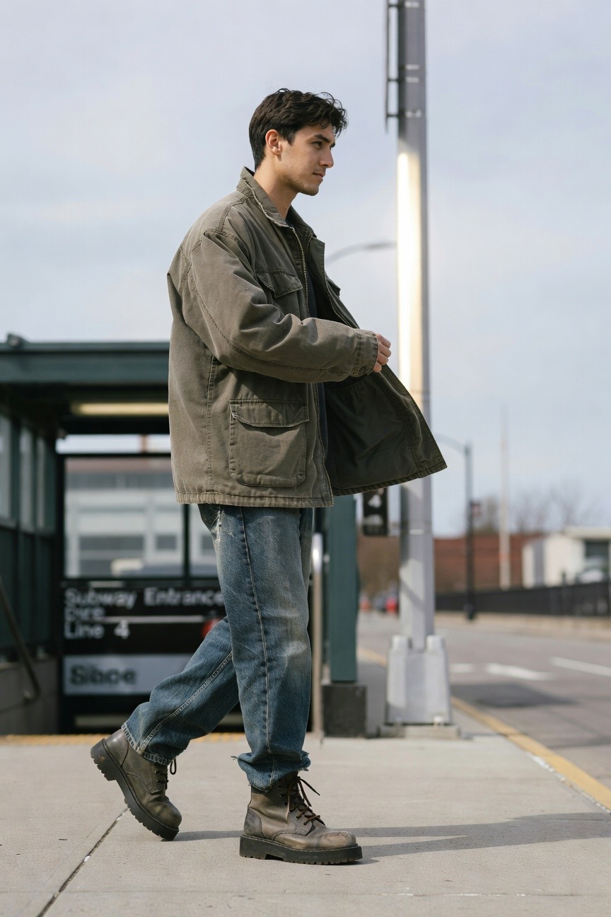 Side profile of a man walking in an open olive green cargo field jacket over light blue baggy distressed jeans and dark brown combat boots near a subway entrance