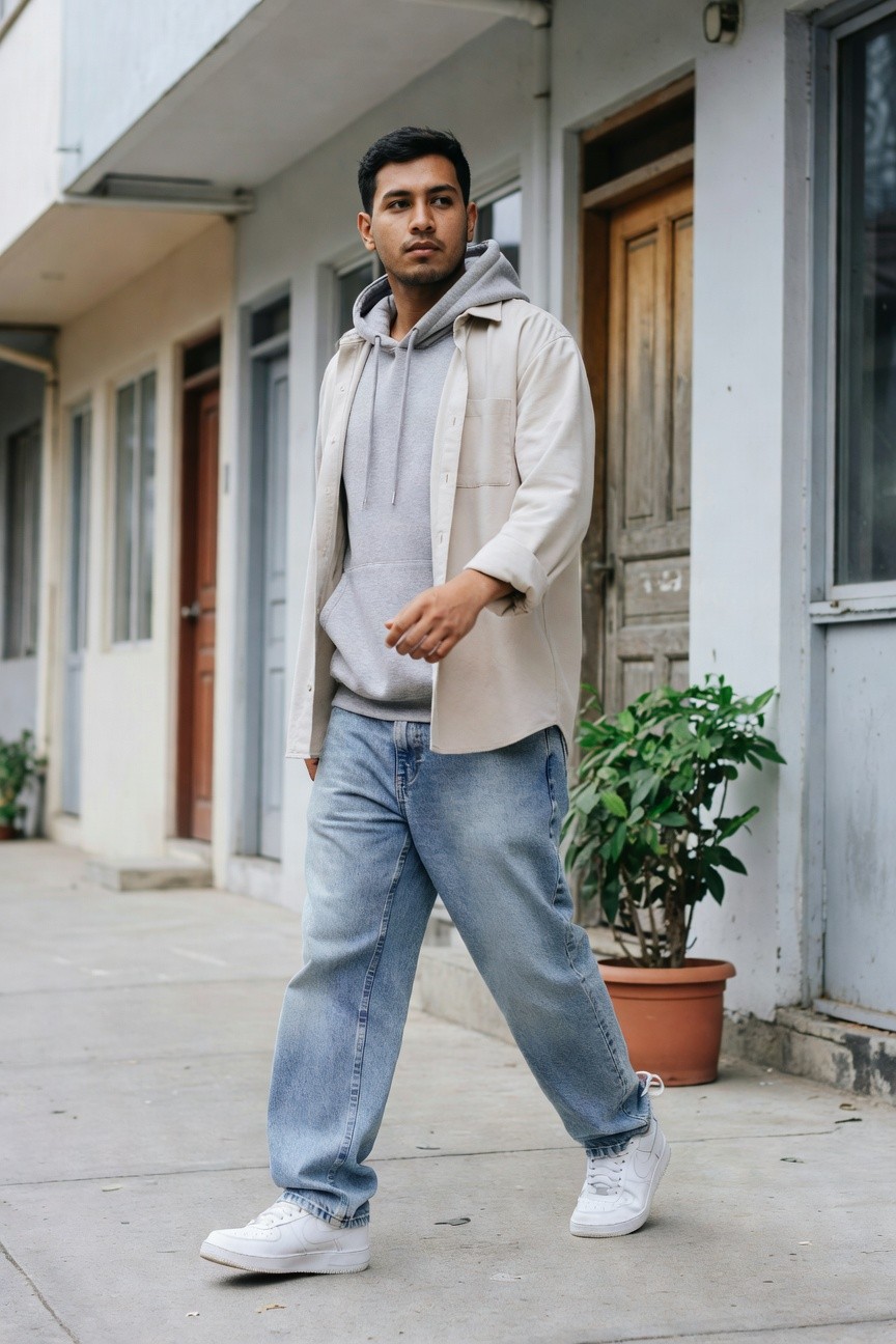 A man walking on a sidewalk wearing baggy light blue jeans, grey hoodie layered under an open beige shirt jacket with rolled sleeves, and white Nike Air Force 1 sneakers, casual street style pose