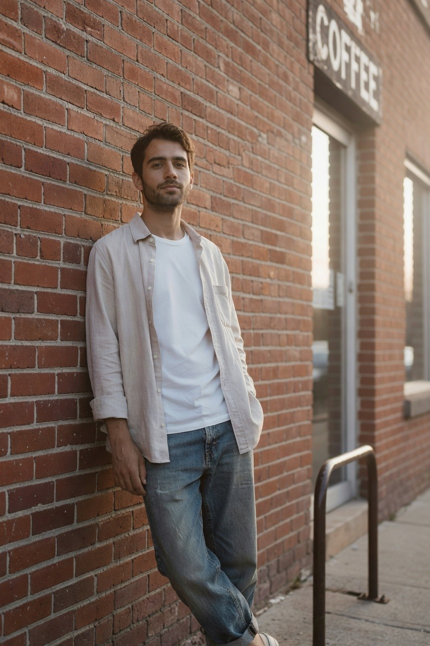 A man leans against a brick wall wearing baggy faded blue jeans cuffed at the ankles, white sneakers, a plain white t-shirt, and an open light beige linen button-up shirt with sleeves rolled up, casual relaxed style.
