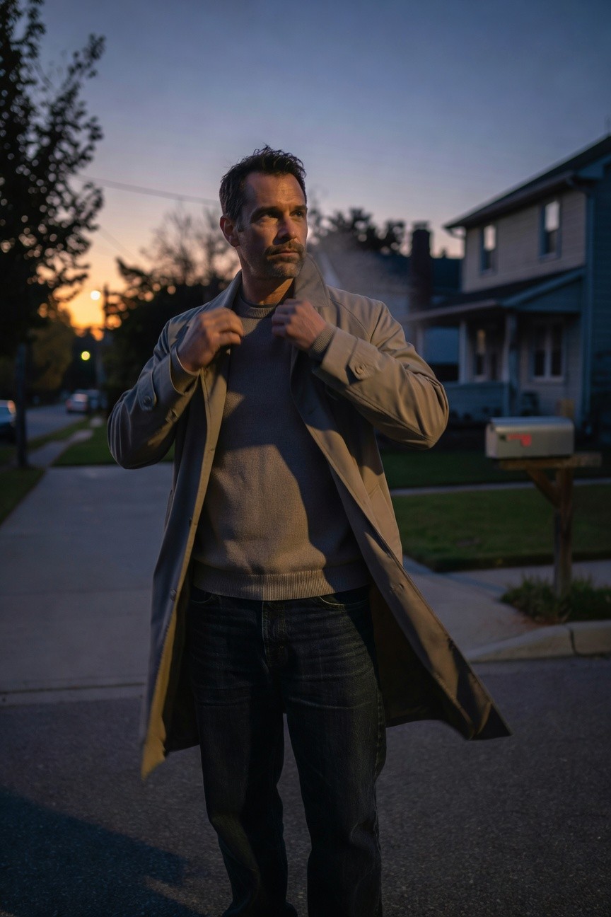 Man adjusting open beige trench coat over gray sweater and dark baggy jeans, casual relaxed pose