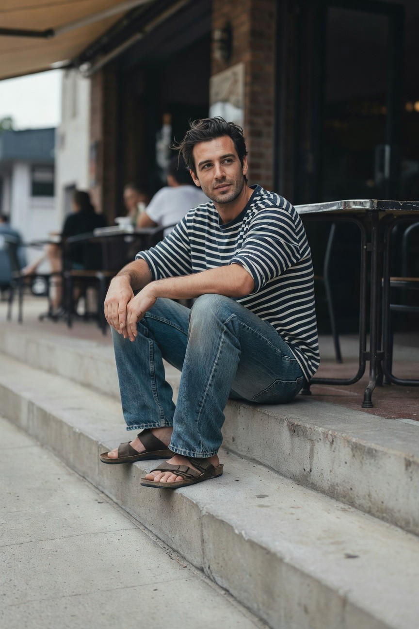 Man in his 30s with dark curly hair sitting casually on concrete steps outside a cafe, wearing a loose navy-and-white striped long-sleeve shirt with sleeves rolled up, relaxed light blue baggy jeans, and brown leather fisherman sandals, hands clasped in lap