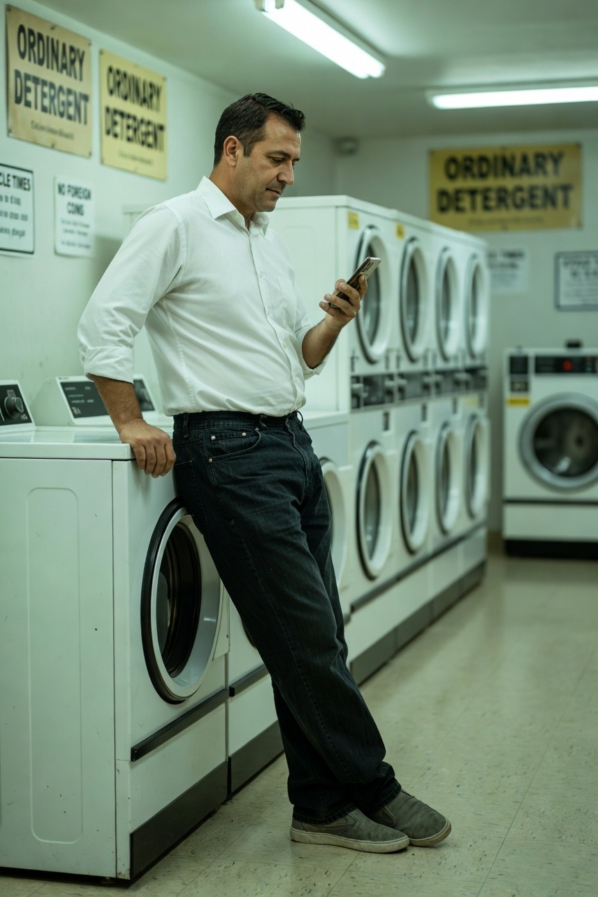 A man in a white button-down shirt, dark baggy jeans, and gray slip-on sneakers leans against a washing machine while checking his phone in a laundromat.