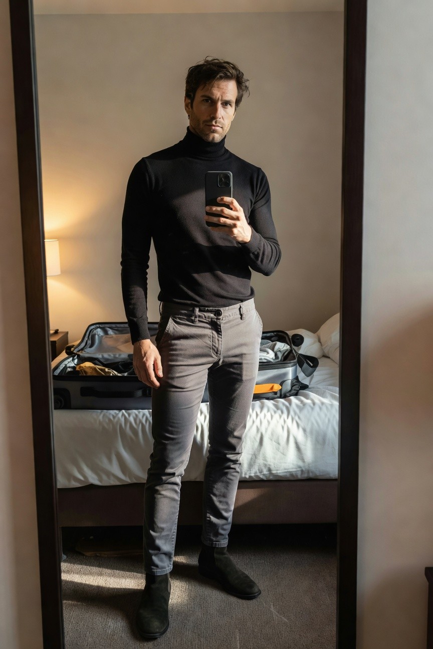 Man taking mirror selfie in hotel room wearing black turtleneck sweater, relaxed grey chinos, black suede chelsea boots, open suitcase on bed behind him