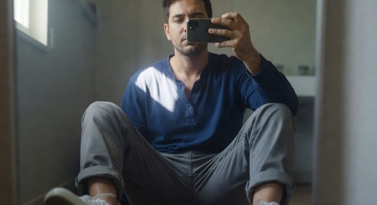 Plus-size man in a navy long-sleeve henley shirt, cropped grey chinos, and white sneakers, taking a mirror selfie in a bedroom.