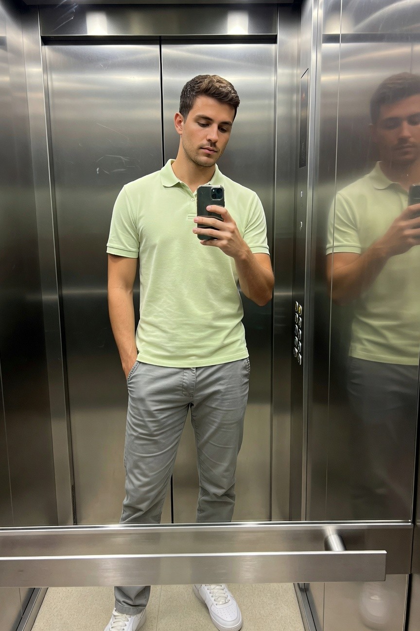 Man in elevator mirror selfie wearing light green short-sleeve polo shirt tucked loosely, relaxed grey chinos, and white low-top sneakers, hands in pockets holding phone