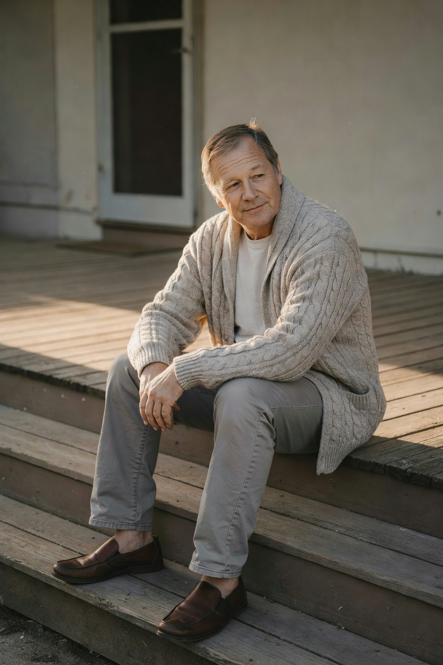 Older man seated on wooden steps wearing relaxed grey chinos, open beige cable-knit cardigan over white t-shirt, and brown leather loafers, casual weekend style