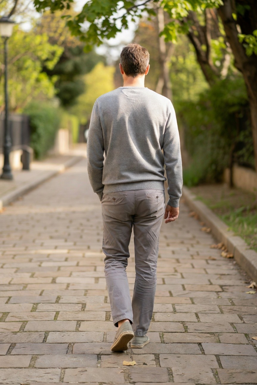 Man walking away in light grey crewneck sweater, slim light grey chinos, and beige espadrille shoes on cobblestone path, relaxed weekend style
