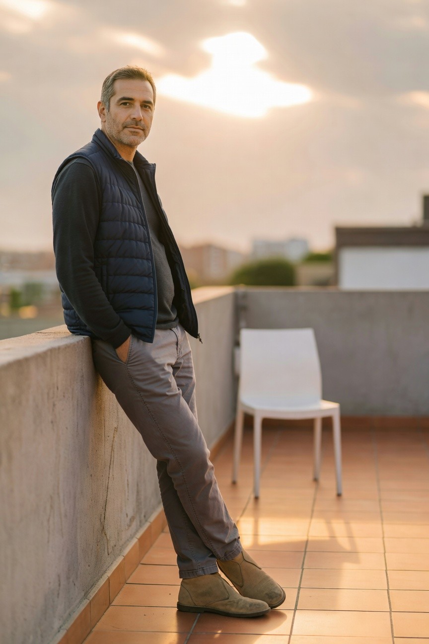 Man leaning against a wall in navy quilted vest over black long-sleeve shirt, grey chinos, and beige suede boots, relaxed weekend style