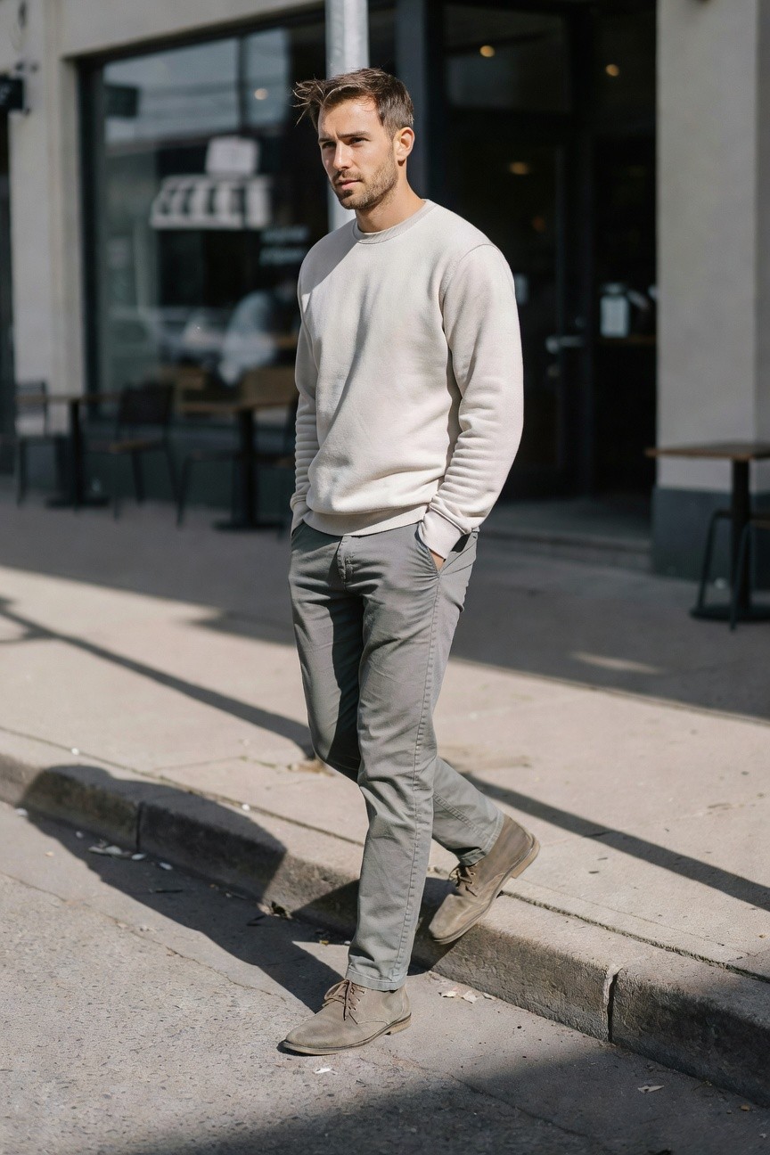 Man in cream knit sweater, relaxed grey chinos, and tan suede boots walking casually with hands in pockets
