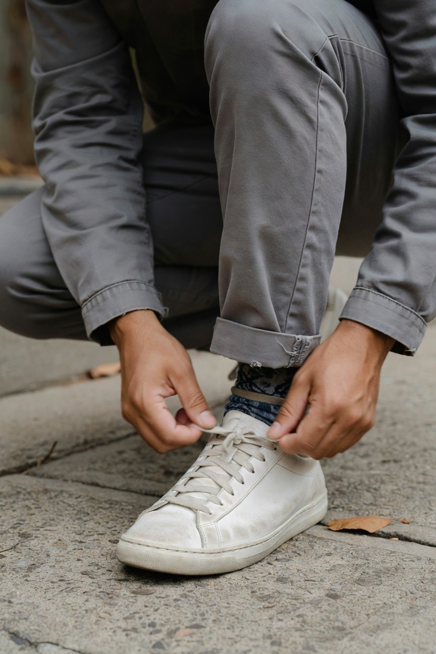 Man in grey workwear jacket and relaxed grey chinos squatting to lace up white sneakers with patterned socks visible on pavement