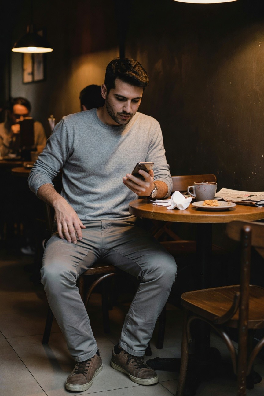 Man in light grey long-sleeve sweater and matching grey chinos sits casually at a café table, checking his phone, with brown leather sneakers, coffee mug, newspaper, and pastry nearby
