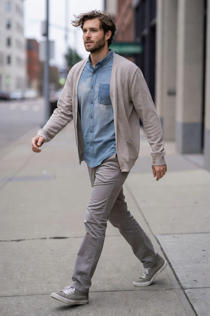 Man in relaxed grey chinos, light blue chambray button-down shirt under open light grey knit cardigan, white sneakers with grey accents, walking on urban sidewalk