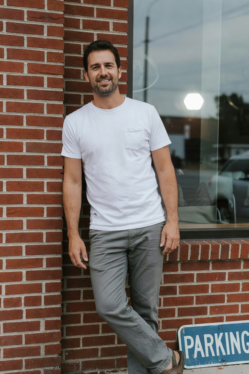 Man leaning casually against brick wall in white short-sleeve pocket t-shirt, relaxed grey chinos rolled at ankles, brown sandals, smiling confidently near parking sign