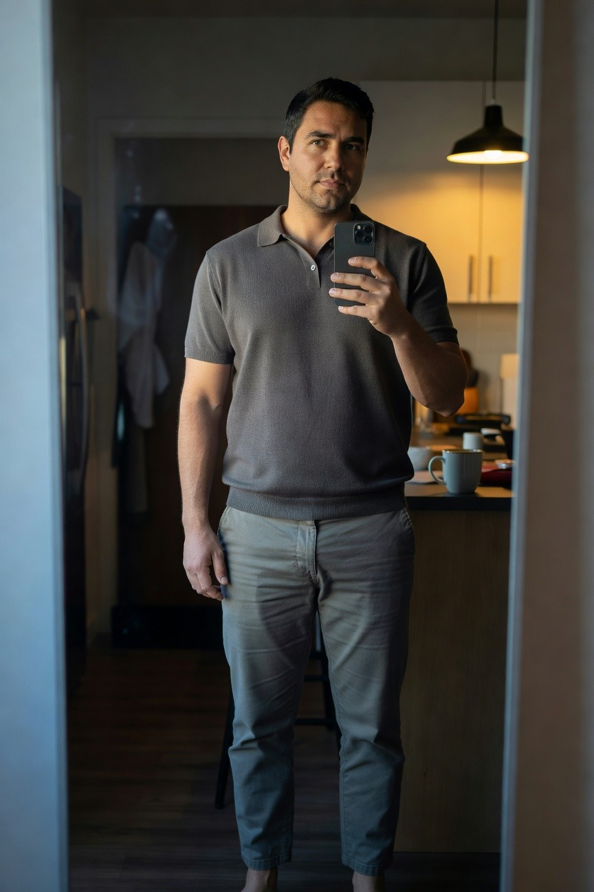 Man taking mirror selfie in grey short-sleeve knit polo shirt and matching grey chinos, barefoot in modern kitchen setting