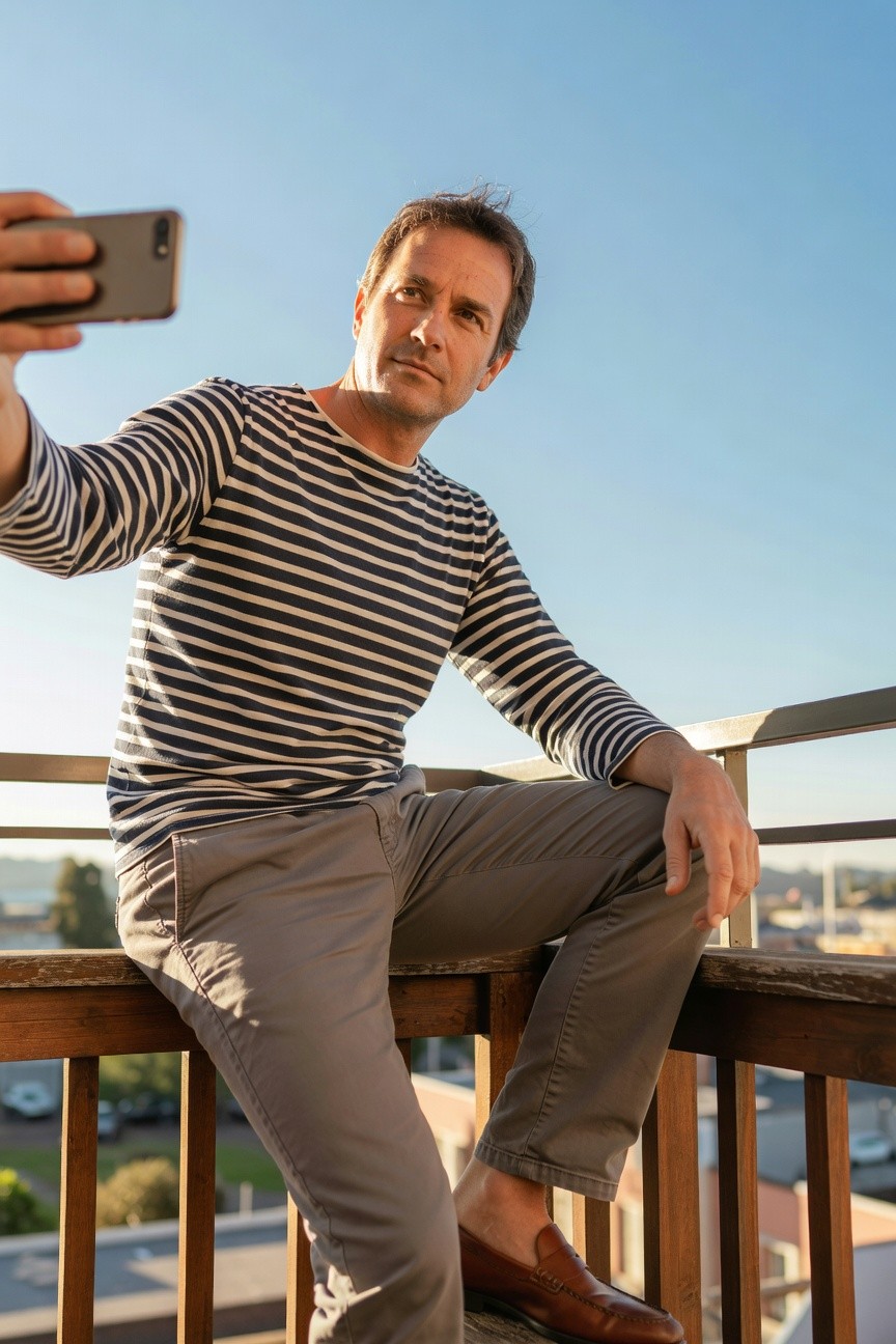 Man taking a selfie on a balcony railing, dressed in a navy and white horizontal striped long-sleeve shirt, relaxed light grey chinos, and brown leather loafers, overlooking urban rooftops