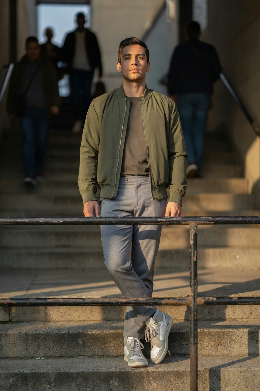 Young man in olive green bomber jacket, grey t-shirt, relaxed grey chinos, and white sneakers leaning on a metal railing with stairs behind him