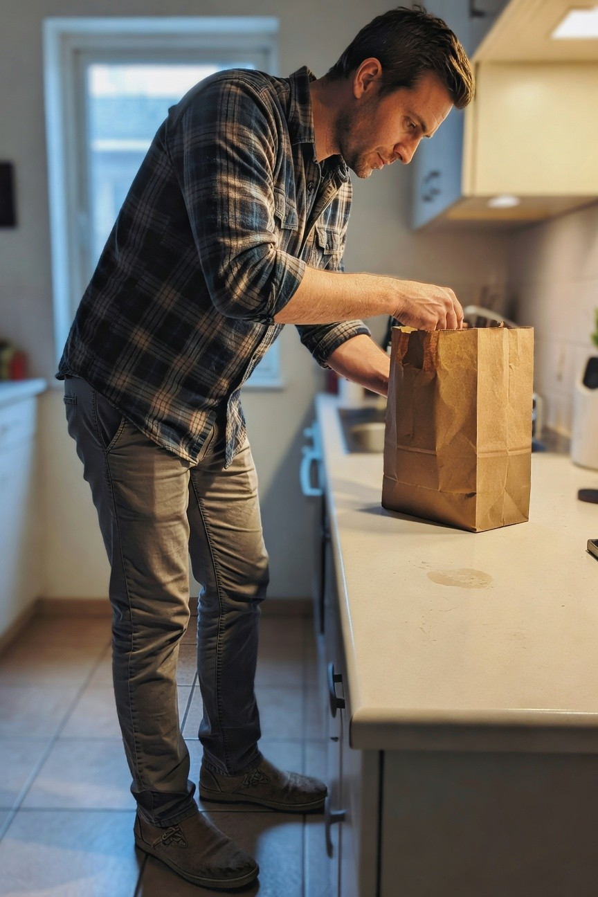 Man in plaid blue-grey flannel shirt, relaxed grey chinos, and grey sneakers, leaning over kitchen counter reaching into brown paper bag