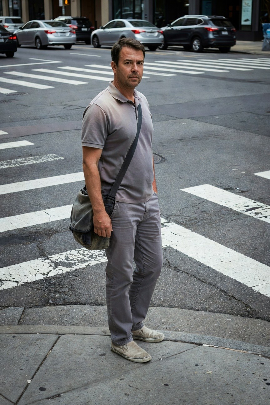 Man in light grey short-sleeve polo shirt, relaxed grey chinos, dark messenger bag, and off-white sneakers standing at urban crosswalk