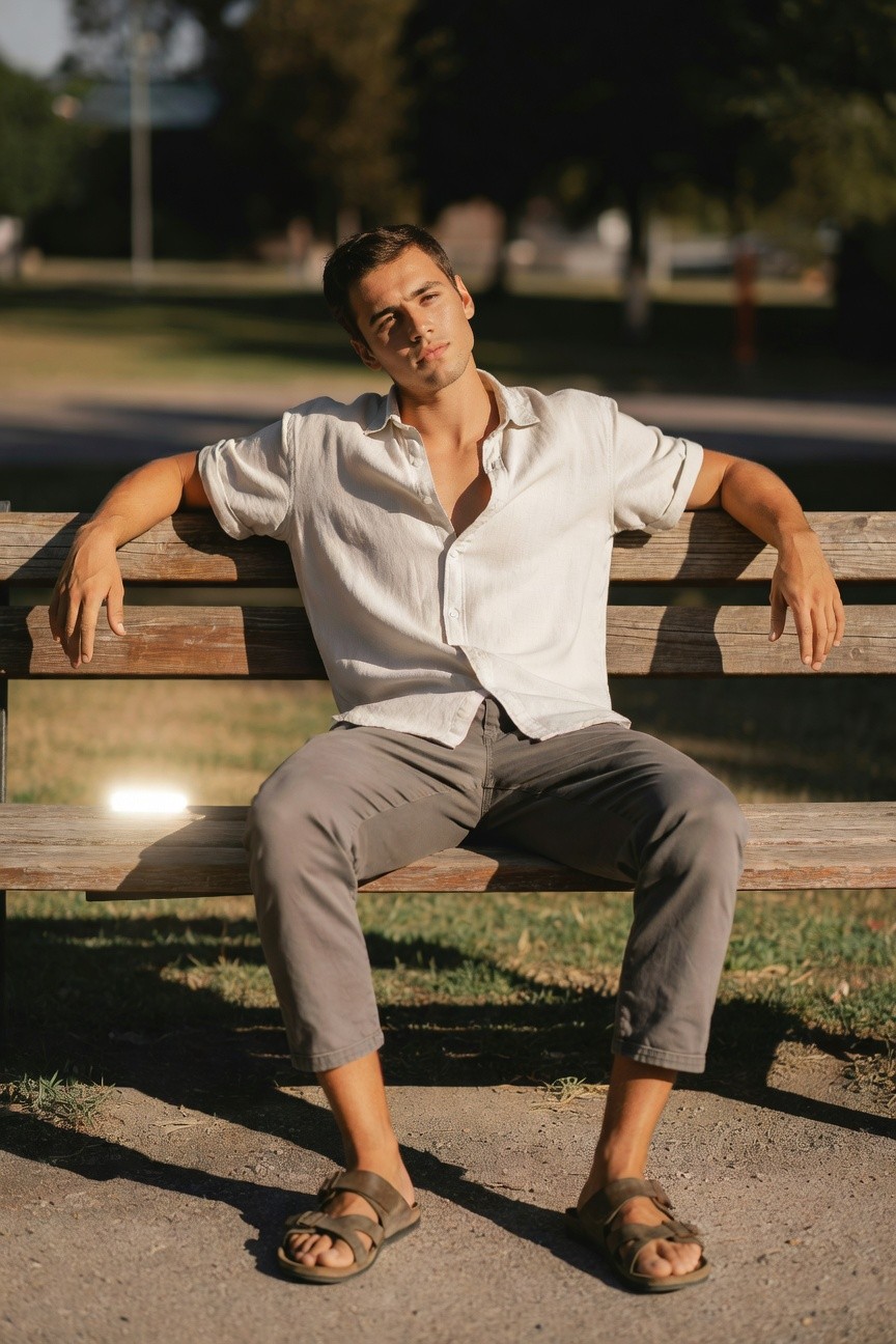 Man sitting relaxed on a wooden bench in light grey chinos, white linen shirt with rolled sleeves unbuttoned at the top, and brown leather sandals, arms draped back casually