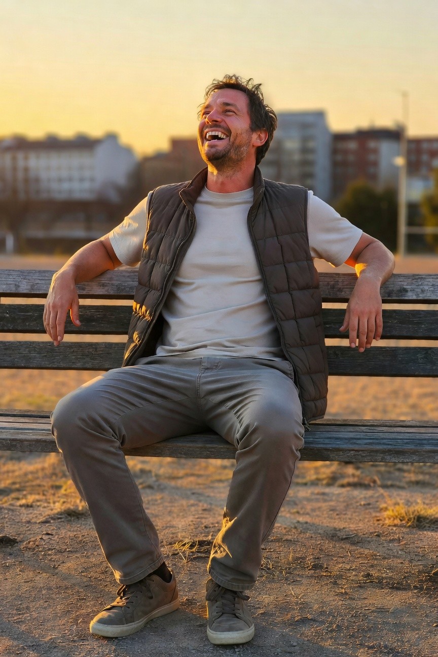 Man in relaxed grey chinos, white t-shirt, and dark grey quilted vest, sitting casually with arms draped over a bench, wearing tan suede sneakers