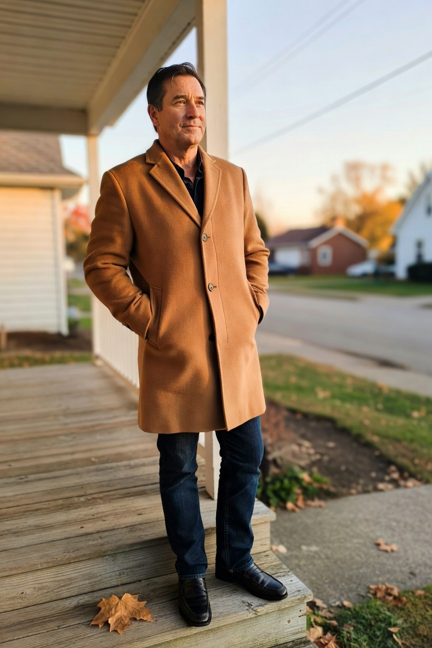 Man standing on porch steps in camel wool overcoat over black shirt, dark straight-leg jeans, and black loafers, hands in pockets, side profile view