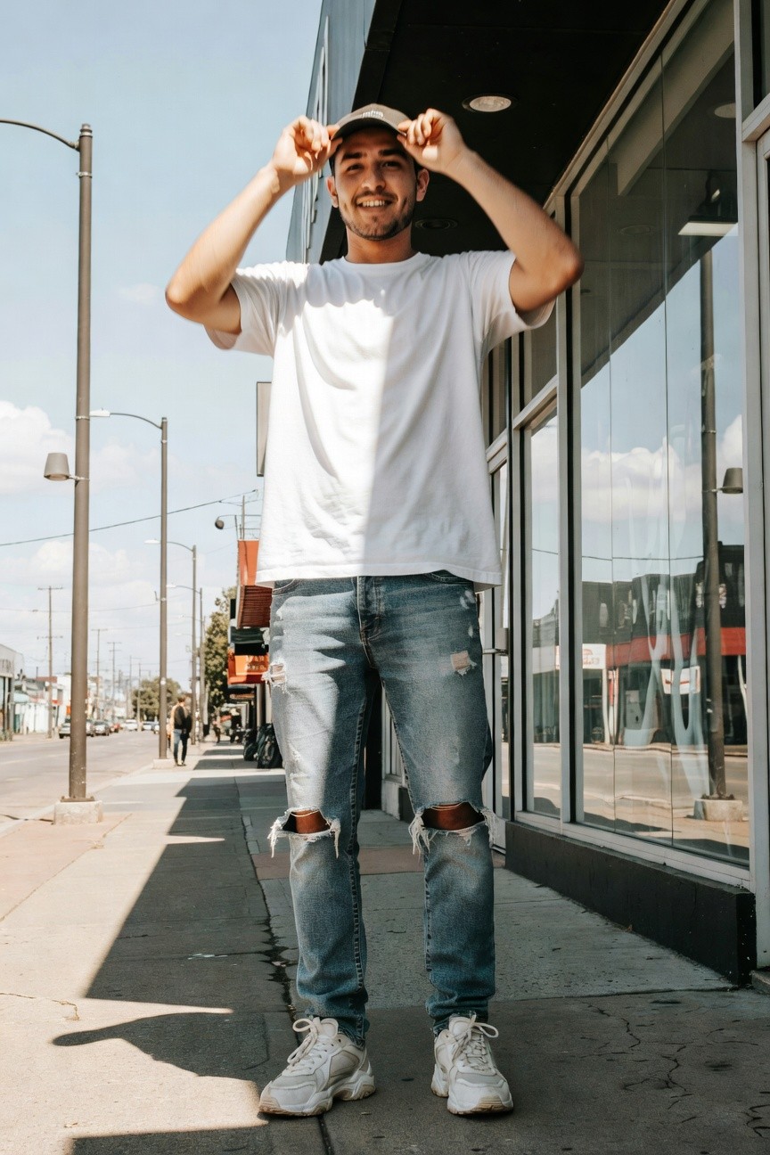 Man in white t-shirt, light blue ripped jeans, white sneakers, and black cap posing casually on sidewalk
