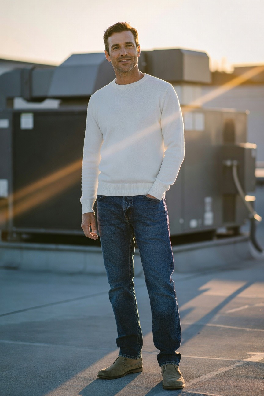 Man in white textured crewneck sweater, dark blue straight-leg jeans, and tan suede chukka boots, hands in pockets, standing casually