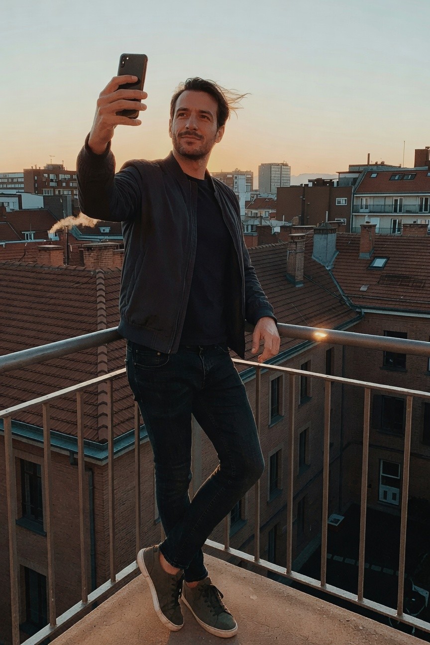 Man taking a selfie in slim dark jeans, black leather bomber jacket over black tee, and olive green sneakers, standing on a rooftop balcony with city rooftops below
