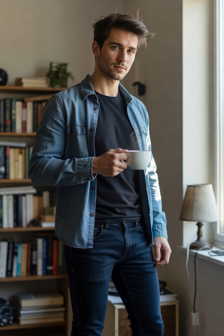Handsome man in open light blue denim jacket over black t-shirt and slim dark blue jeans standing casually indoors near bookshelves holding a white coffee mug