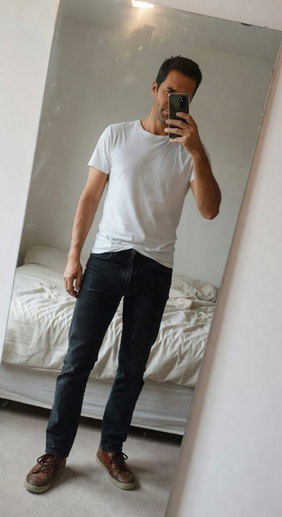 Mirror selfie of a man in a white crewneck t-shirt loosely tucked into slim dark blue jeans with subtle distressing, wearing brown laced leather boots, standing in a bedroom with bed and window in background
