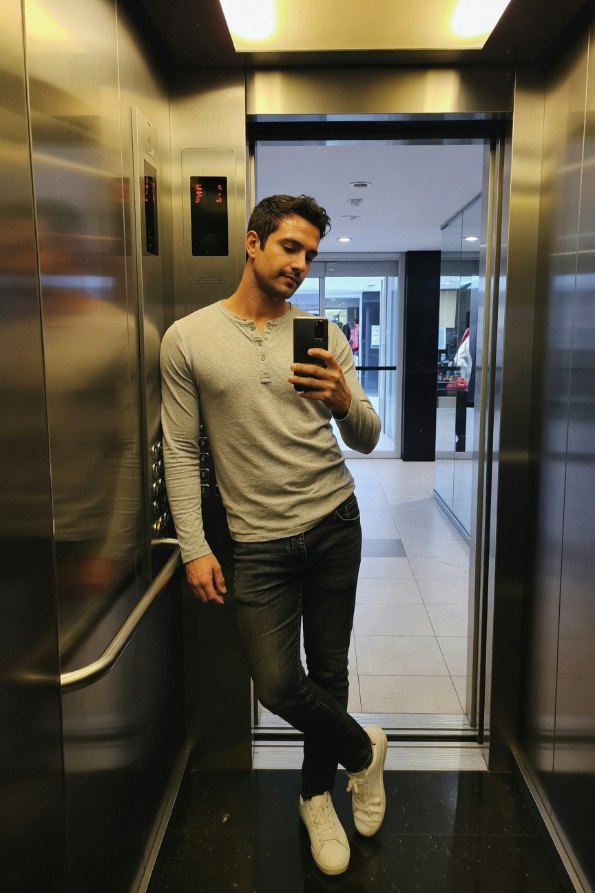 A man in a gray long-sleeve henley shirt, dark slim-fit jeans, and white sneakers poses for a selfie inside an elevator with doors open to a hallway.