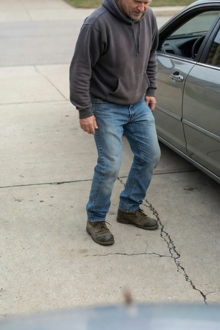 Middle-aged man in gray hoodie, medium blue straight-leg jeans, and brown work boots, posed casually by a car on a concrete driveway
