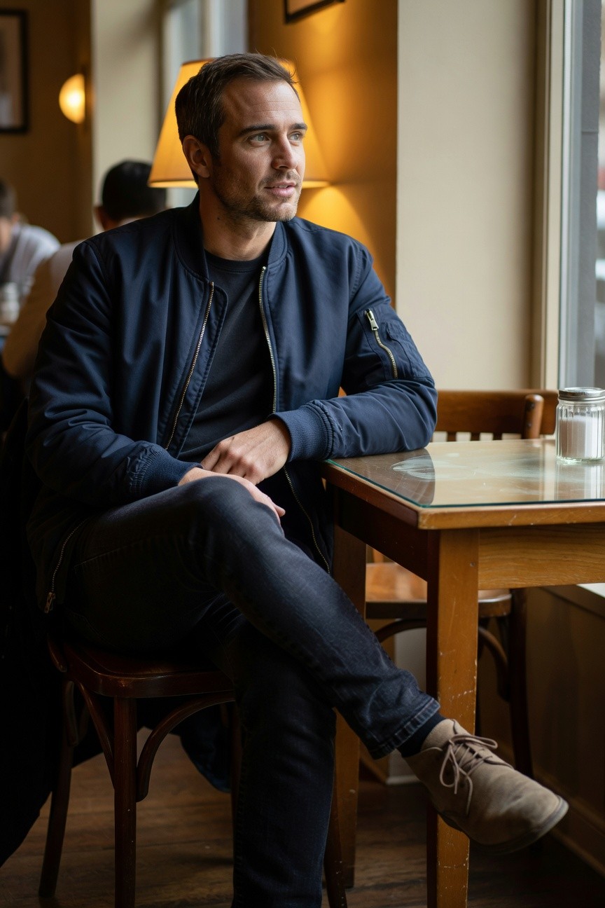 Man sitting casually in a navy blue bomber jacket over black t-shirt, dark slim jeans, and tan suede chukka boots at a table