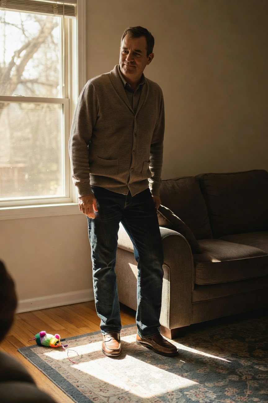 Man in open gray knit cardigan over collared shirt, dark jeans, and brown loafers, standing casually indoors