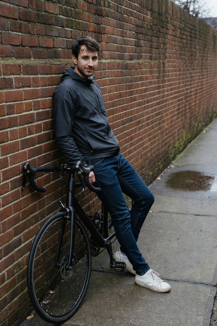 A man in his 30s leans against a brick wall with a black road bike propped beside him, wearing slim dark blue jeans, a black hooded softshell jacket, white sneakers, and smiling at the camera