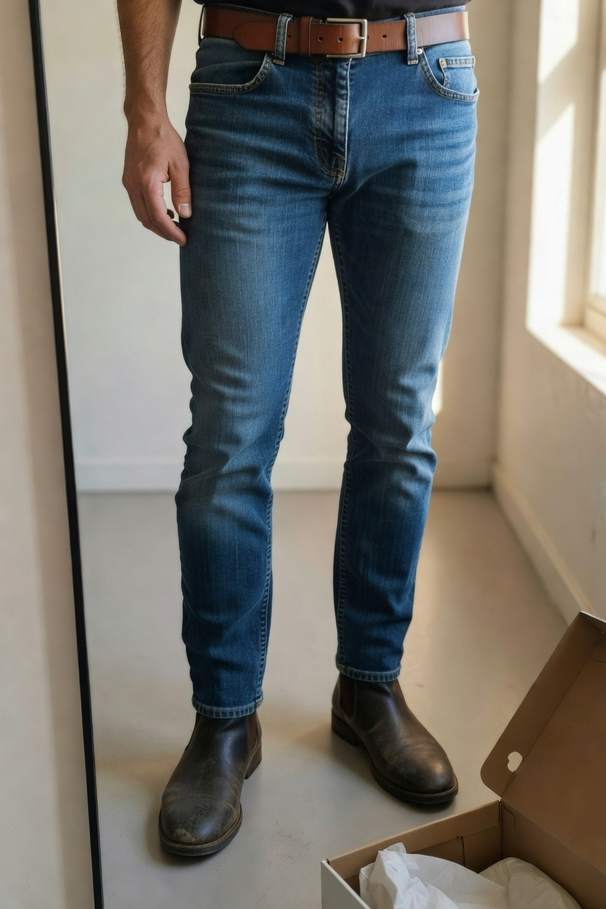 Man standing in front of mirror wearing slim dark blue straight-leg jeans, brown leather belt, black t-shirt, and brown leather Chelsea boots, with open cardboard box on concrete floor nearby