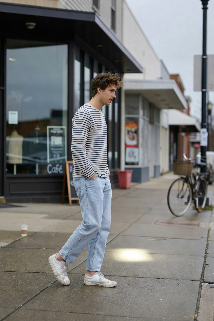 Man wearing navy and white horizontal striped long-sleeve shirt, light wash straight-leg jeans, and white low-top sneakers, hands in pockets, standing casually on pavement