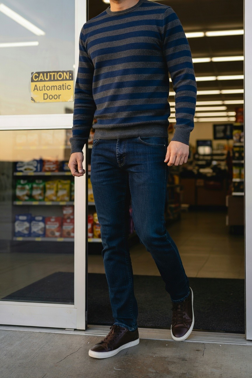 Man wearing a navy and gray horizontal striped knit sweater with dark straight-leg jeans and brown leather sneakers, standing in doorway of a store