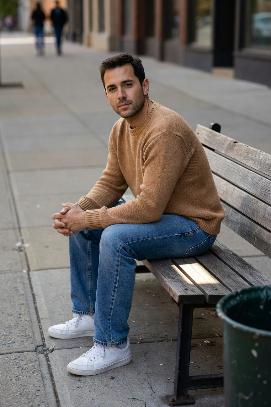 Man sitting on a wooden bench wearing a camel turtleneck sweater, blue straight-leg jeans, and white sneakers, hands clasped casually.