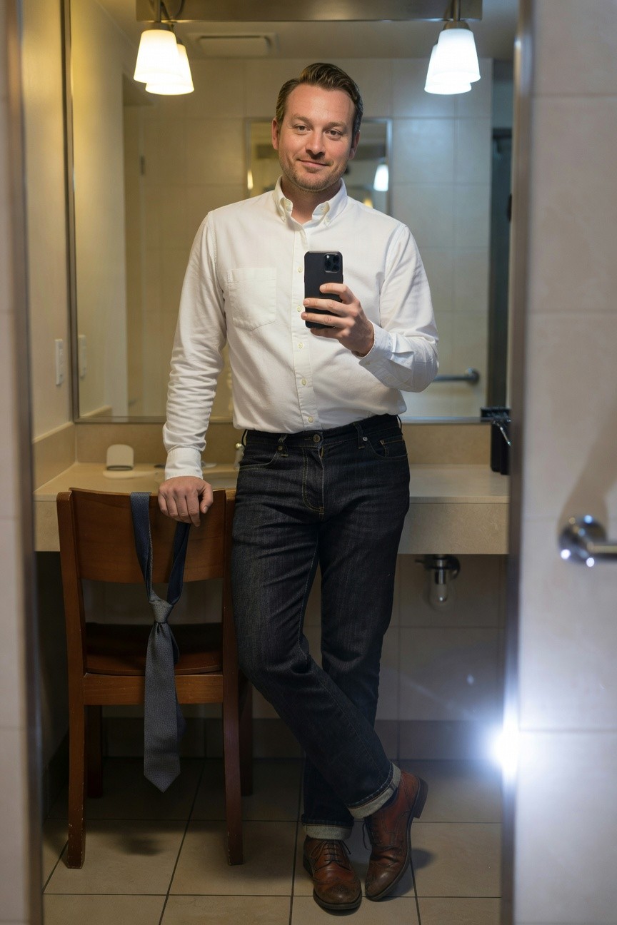 Mirror selfie of a man in a white long-sleeve button-up shirt, dark slim-fit jeans cuffed at ankles, brown leather brogues, holding phone, gray tie draped on wooden chair in tiled bathroom with sink and lights
