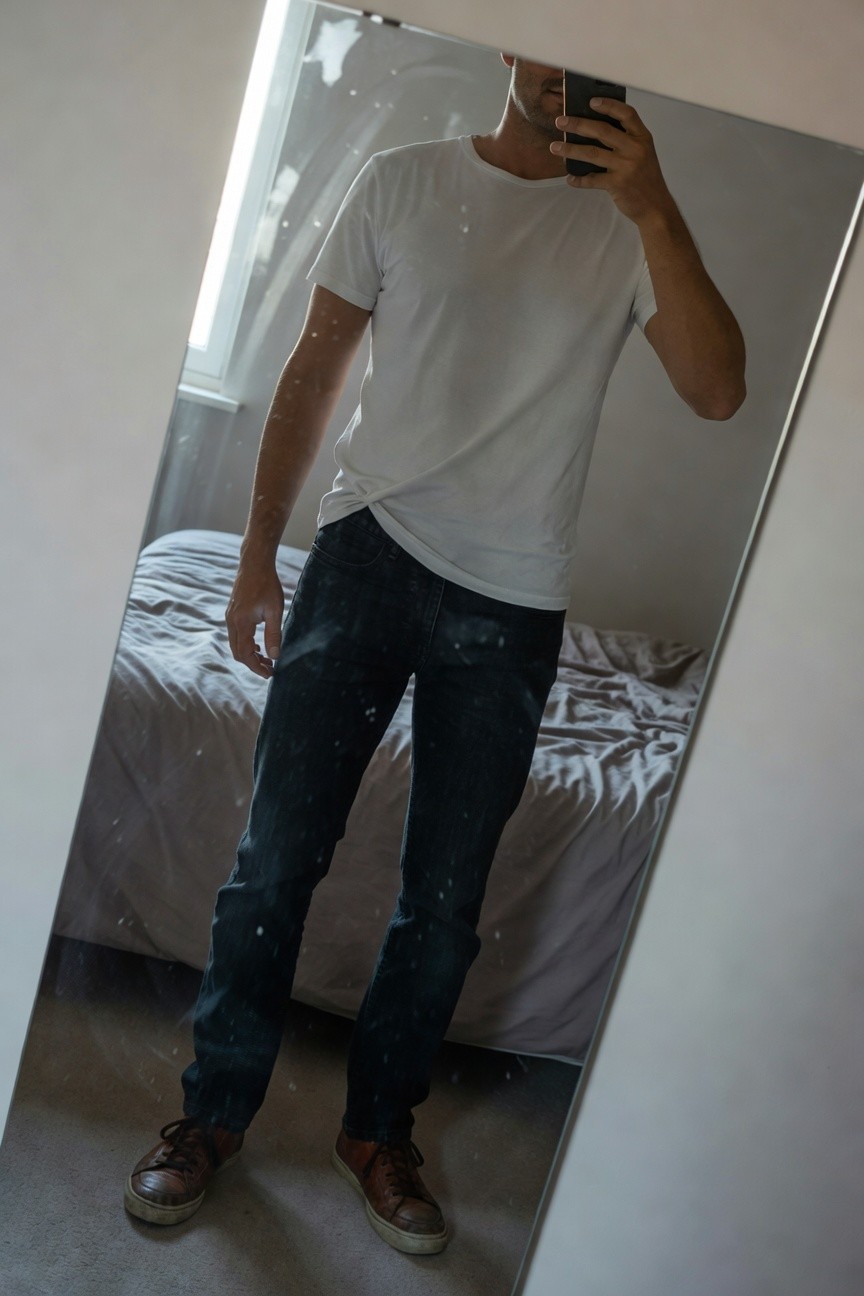 Mirror selfie of a man in a white crewneck t-shirt loosely tucked into slim dark blue jeans with subtle distressing, wearing brown laced leather boots, standing in a bedroom with bed and window in background
