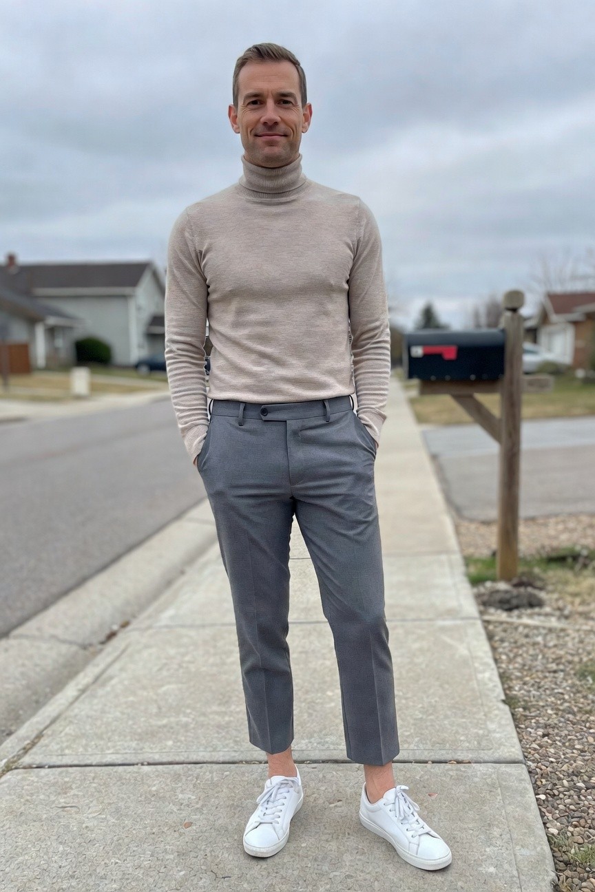 Man in beige turtleneck sweater, slim grey trousers cropped at ankle, white sneakers, hands in pockets standing on sidewalk