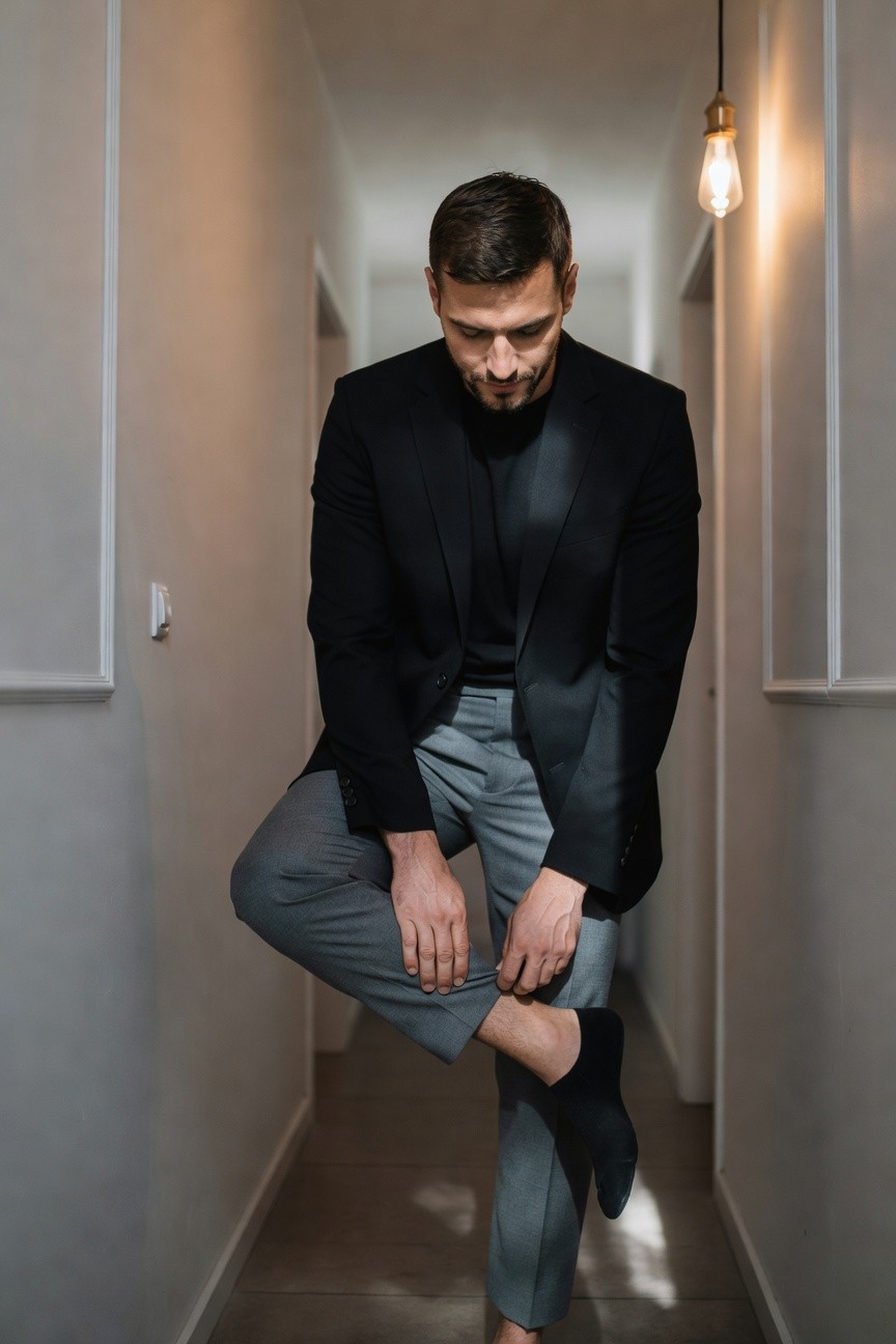 A man in a black blazer and black knit top adjusting the cuff of his light grey trousers in a hallway, one leg lifted to reveal black ankle socks, minimalist clean aesthetic