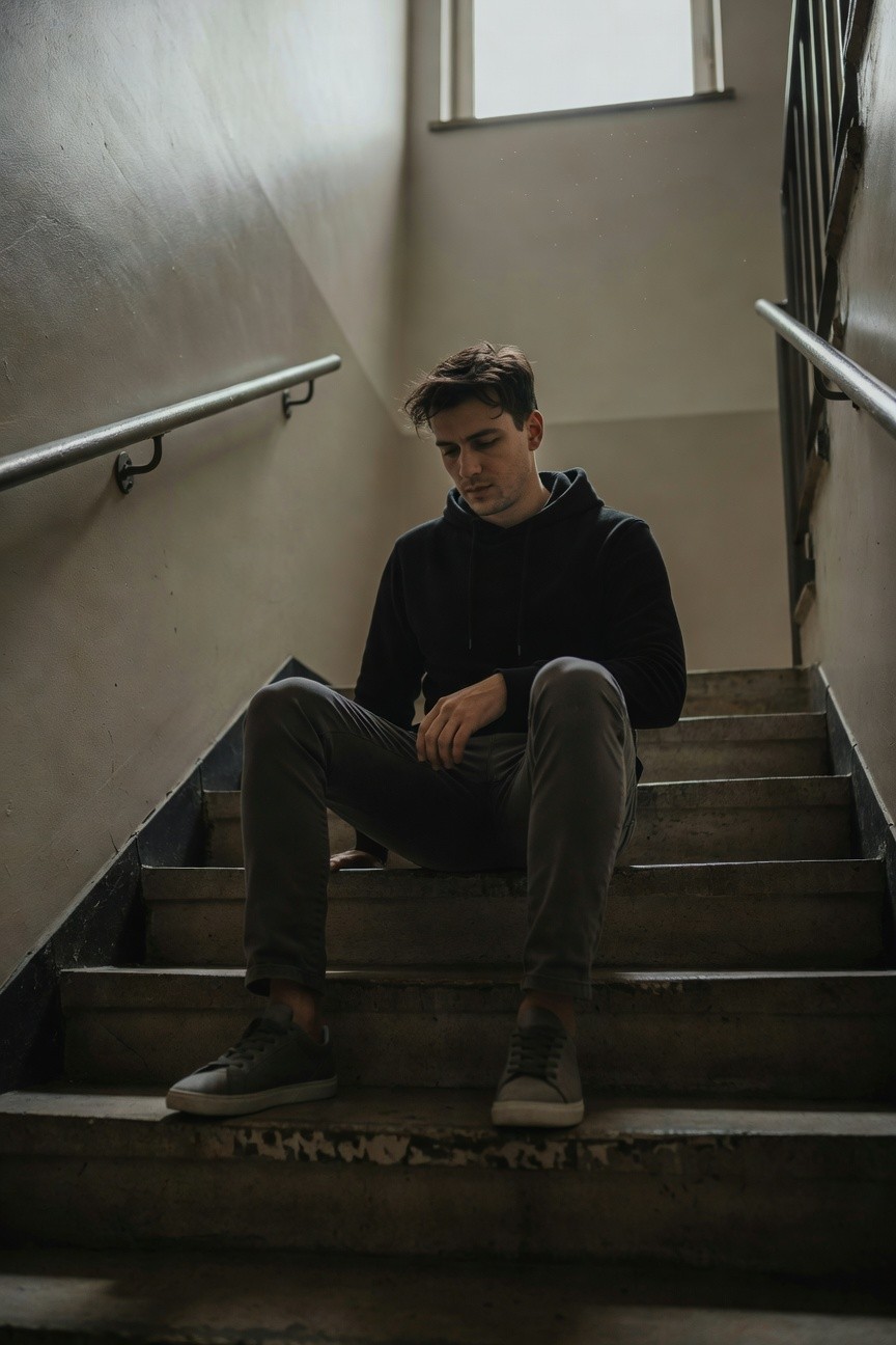 Young man seated on concrete stairs in a black pullover hoodie, slim grey joggers, and matching grey sneakers, captured in soft natural light for a minimalist aesthetic