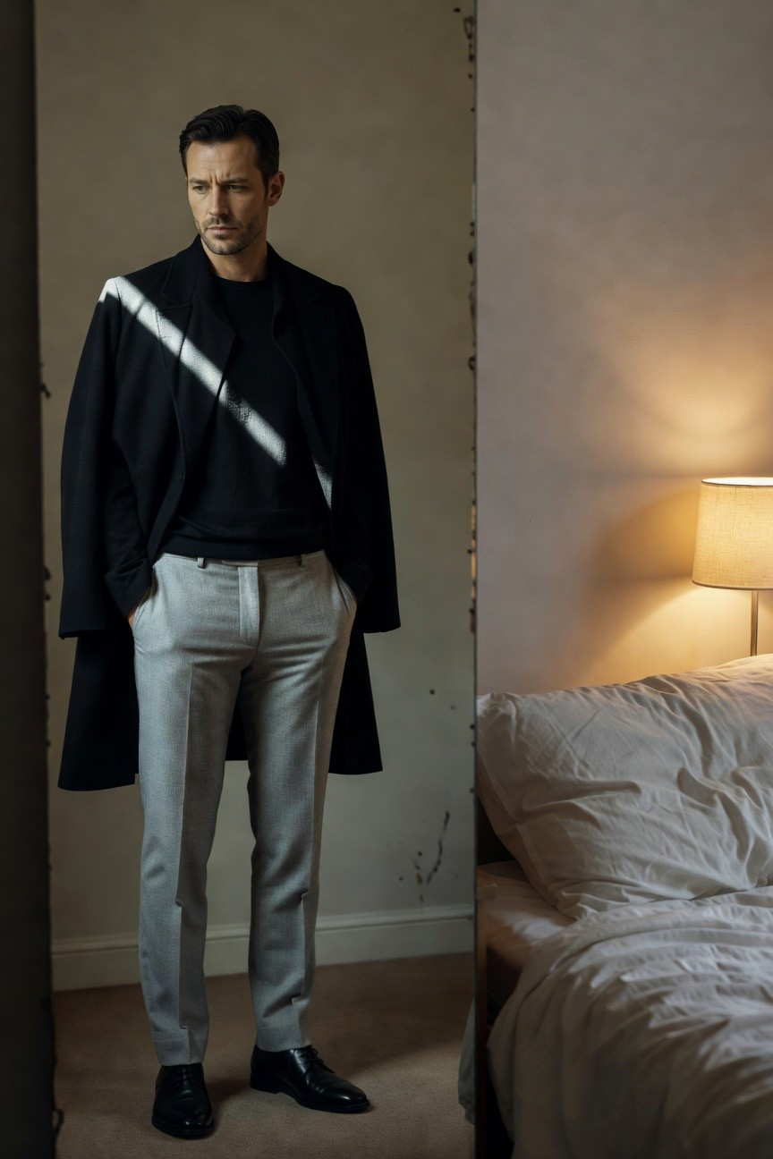 Man in open long black overcoat over black crewneck sweater and light grey wool trousers with black oxford shoes, standing in minimalist bedroom doorway